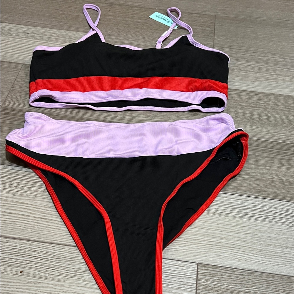Black Bikini with Red and Purple Accents